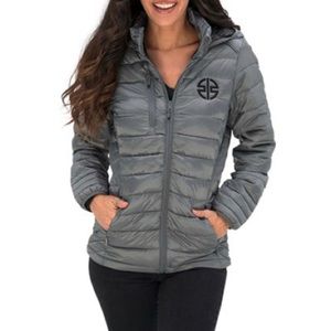 Women’s Kawasaki Motorcycle Silver Puffer Jacket with Detachable Hood.